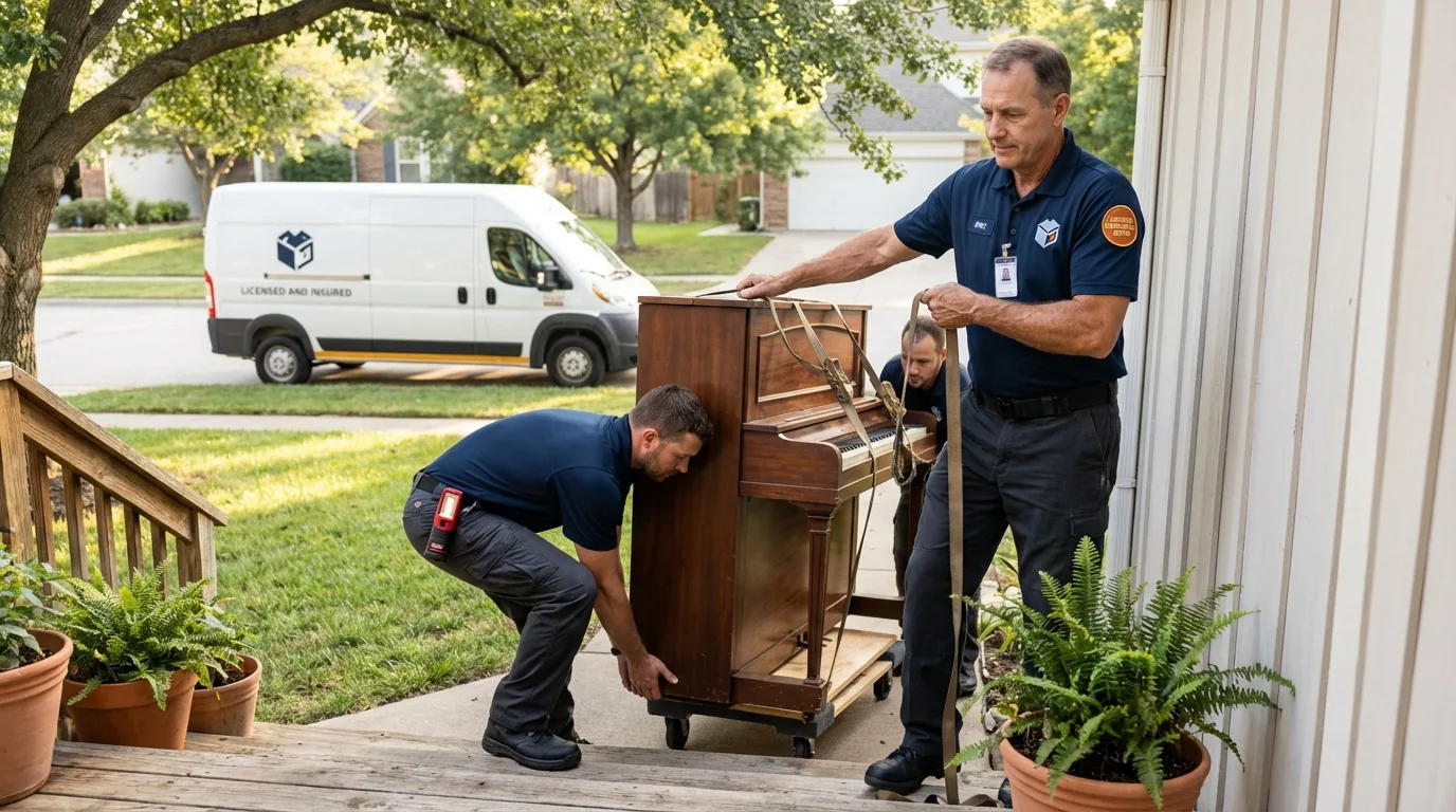 Licensed piano movers securing grand piano in Sherwood, OR