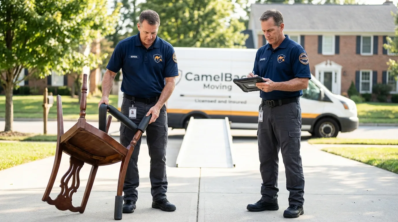 Movers inspecting furniture for damage prevention before loading in Sherwood, OR