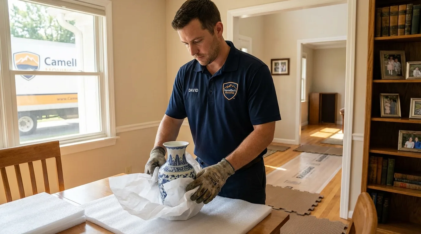 Professional crew carefully wrapping antique vase for senior downsizing move in Sherwood, OR